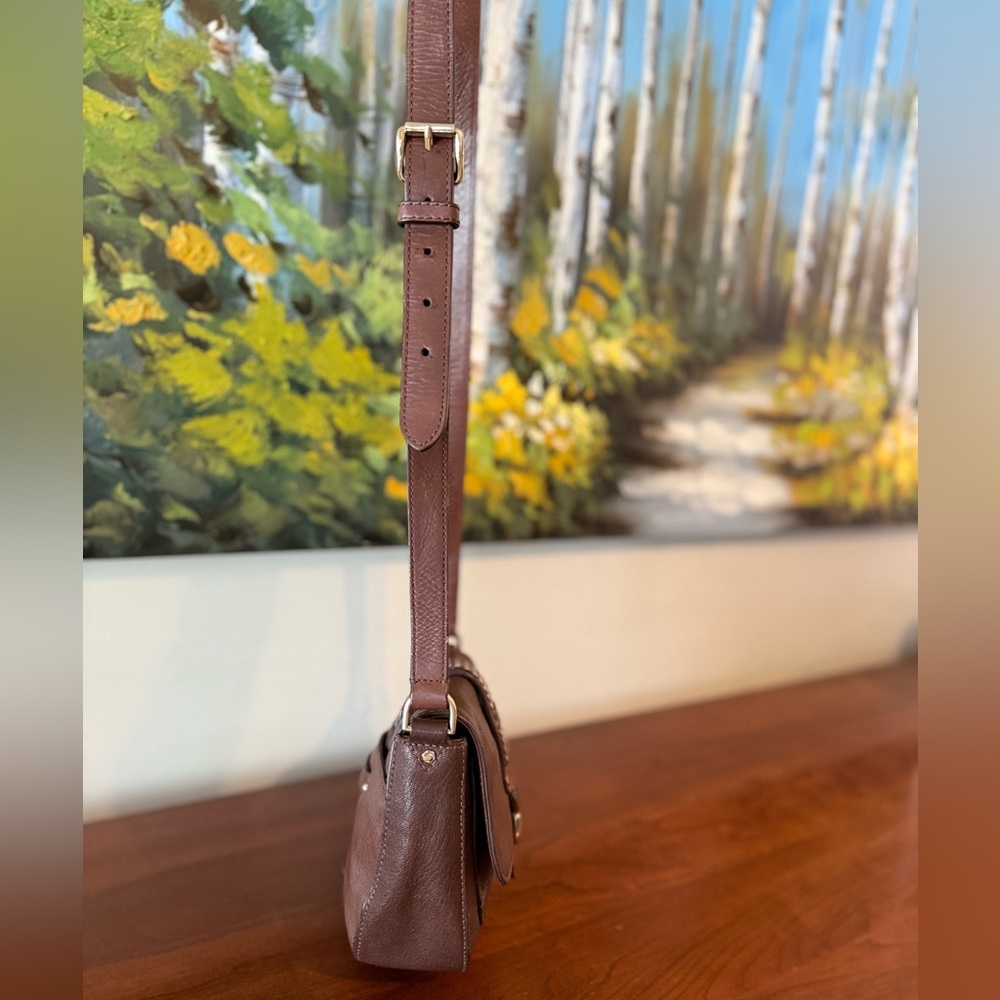 ✨ Cole Haan Supple Brown Leather Crossbody Flap Bag w/ Woven Strap Detailing ✨ - Picture 6 of 13